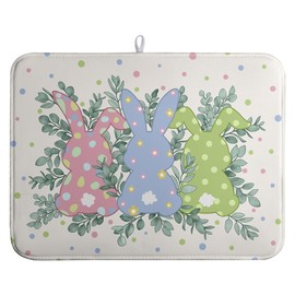 Spring Easter Dish Drying Mat Easter Bunny Eucalyptus Leaf Kitchen Dish Drying Pad Absorbent Dish Dryer Mat for Kitchen Countertops Microfiber Dishes Drainer Pad Dish Drying Rack Mat (18x24 in)
