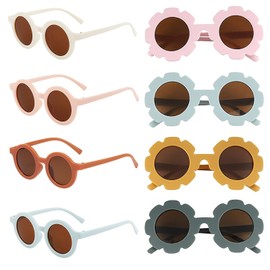 8-Pair Kids Sunglasses, Toddler Sunglasses 2-3 Years, Eye Protection Glasses, Includes 4 Colors (White/Pink/Orange/Blue) With 2 Style (Round & Flower), Lightweight PC Frame for Outdoor Travel, Camping