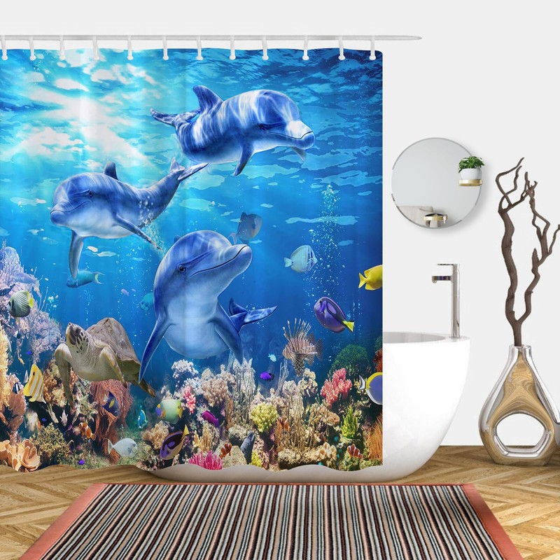 Simpomsy Dolphin Bathroom Curtains, Underwater Shower Curtain 180x180cm - Blue