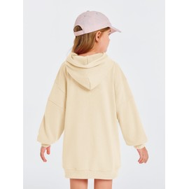 Haloumoning Girls Hoodie Dress Long Sleeve Hooded Sweatshirts Dress Cute Fall Outfits with Pockets 5-14 Years Beige