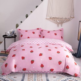 Morbuy King Duvet Cover Set Girls Strawberry Bedding Set 3pcs, Soft Comfy Microfiber Fruit Geometry Reversible Duvet Cover with 2 Pillow Cases (King-220x230CM, Foundation strawberry)