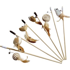 Pet Cat Teaser Toys 6pcs/Set 40cm Cat Toy Sticks Feathers Linen Wand Catcher Teaser Stick Wood Interactive Toys for Cats Kittens Stick Toy Wand on