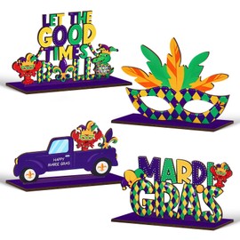 KSKSPE 4Pcs Mardi Gras Wooden Table Centerpiece Decorations
