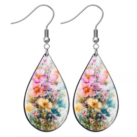 the fun things Pastel Wildflowers Teardrop Earrings Wood Dangle Solid Sterling Silver Wires