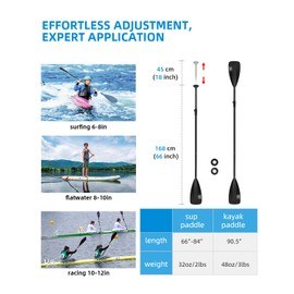 OCEANBROAD SUP Paddle - Adjustable Stand-Up Paddle for Paddleboard Kayak, Adjustable Aluminum Alloy Shaft 68" - 84", 3-Piece, Black