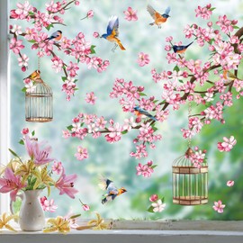 FYSUIMU 9 Sheets Spring Cherry Blossom Window Cling Stickers Pink Flower Branch Bird Window Decals Watercolor Floral Reusable Window Decoration for Party Home Classroom
