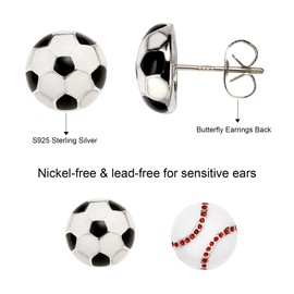 HokitVerse 2 Pairs Sterling Silver Stud Earrings for Multiple Piercing Trendy Earrings Sport Stud Soccer Baseball Earrings Stud for Women Men Player Fan