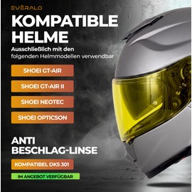 Everalo Visor Shoei GT Air - Gt Air 2 - Neotec - Opticson - Cns 1 - Pinlock Prepared Helmet Visors - Scratch Resistant and Anti-Fog (Night Yellow)