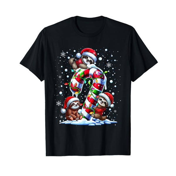 Three Santa Sloths On Candy Cane Christmas Kids Toddler T-Shirt