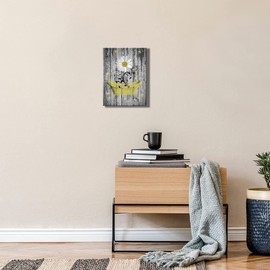 Daisy Canvas Pictures Bathroom Wall Art Modern Flower Bathtub Artwork Rustic Wood Board Background Wall Art Decor Living Room Bedroom Office Home Wall Decor Framed Ready to Hang yellow Size 12x16 inch