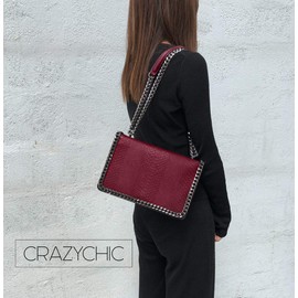 Crazy Chic Women's Chain Shoulder Bag Snake Leather Quilted Flap Shoulder Bag Python Quilted Pattern Evening Bag Pochette Chain Bag Women's Fashion Handbag Trendy Bag 1725031-co, Burgundy Red