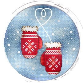 Mittens Cross Stitch Kit with DMC Threads & Fabric, Cozy Christmas Embroidery Pattern Pair Red Gloves, Winter Festive Quick Easy Needlework Xstitch
