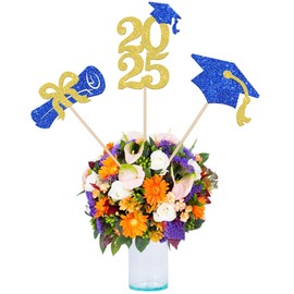 12 PCS 2025 Graduation Centerpiece Sticks Double Sided Glitter Class of 2025 Table Flower Centerpieces Diploma Grad Cap Floral Decorations for 2025 Graduation Theme Party Supplies Blue Gold