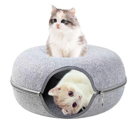 Cueva grande de donas para gatos, cama túnel para gatos de interior, juguetes resistentes a los arañazos, hasta 30 libras (gris claro, grande)
