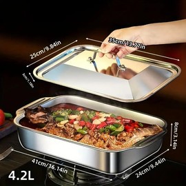 Stainless Steel Baking Pan with Lid, 1 Count Non-stick Rectangular Oven Tray for Desserts, Bread & Seafood, Perfect for Buffets & Holidays, Meal Prep Containers, Kitchenware