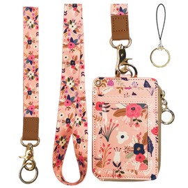 bolimoss Lanyard with Wallet,Zip ID Case with Lanyard,Lanyard Badge Holder,Lanyard Wallet for Women,Fashion Lanyard Wallet, ID Case Wallet with Lanyard（Pink Floral）