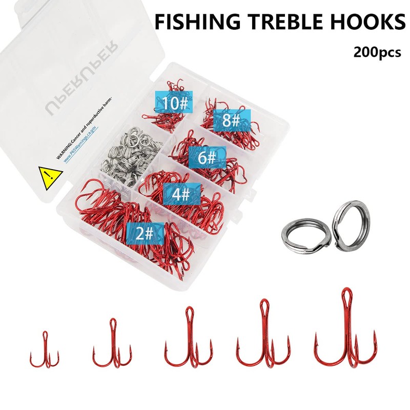 UperUper 200 Pack Fishing Treble Hooks Kit High Carbon Steel