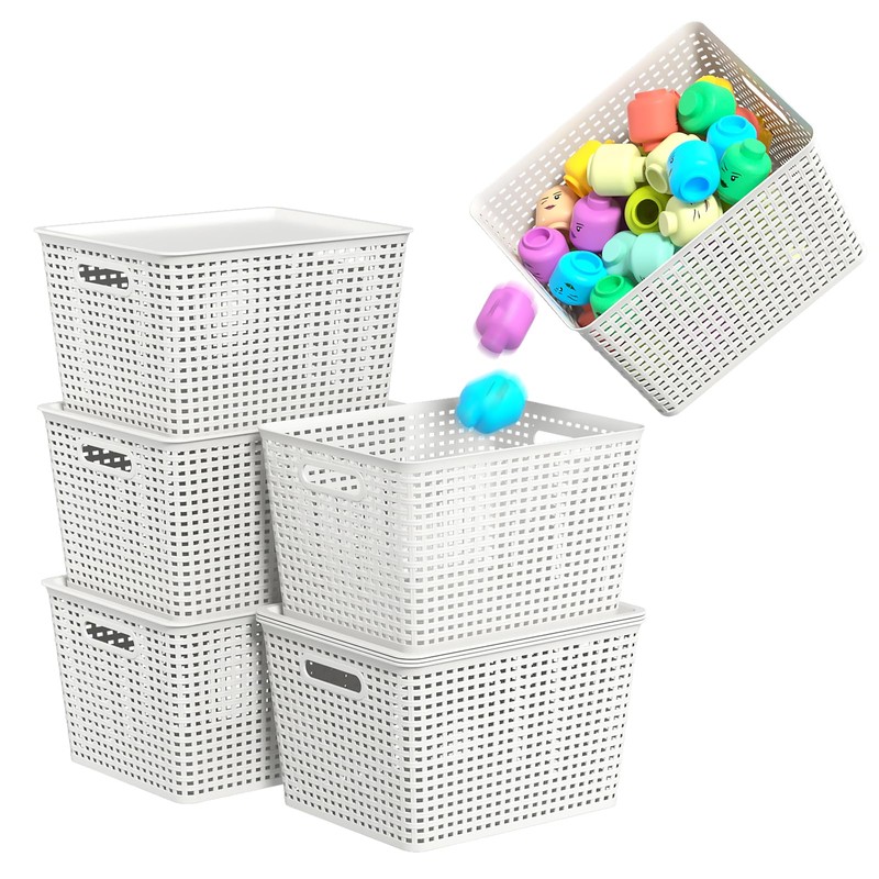 Qskely 6-Pack Large Plastic Storage Baskets with Lid, White