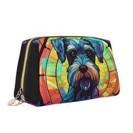 Novgift Miniature Schnauzer Stained Dog Breed Glass Art Leather Makeup Bag Travel Cosmetic Bag For Women Large Capacity Makeup Pouches