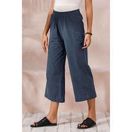 ECUPPER Womens Casual Loose Elastic Waist Cotton Trouser Cropped Wide Leg Pants Dark Blue 8-10