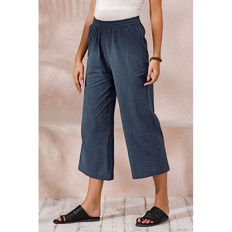 ECUPPER Womens Casual Loose Elastic Waist Cotton Trouser Cropped Wide
