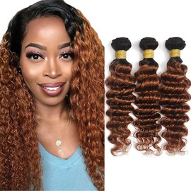 1B30 Deep Wave Bundle Ombre Human Hair 3 Bundles Black To Dark Brown Bundle Wet and Wavy Hair Bundles Brazilian Remy Hair Extensions For Women 26 28 30 Inch