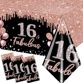16th Birthday Tablecloth Decorations,3Pcs Rose Gold and Black Glitter Tablecloths for Girl Set 16th Birthday Table Cover Black and Rose Gold Table Cover for Girl 16th Birthday Disposable Supplies