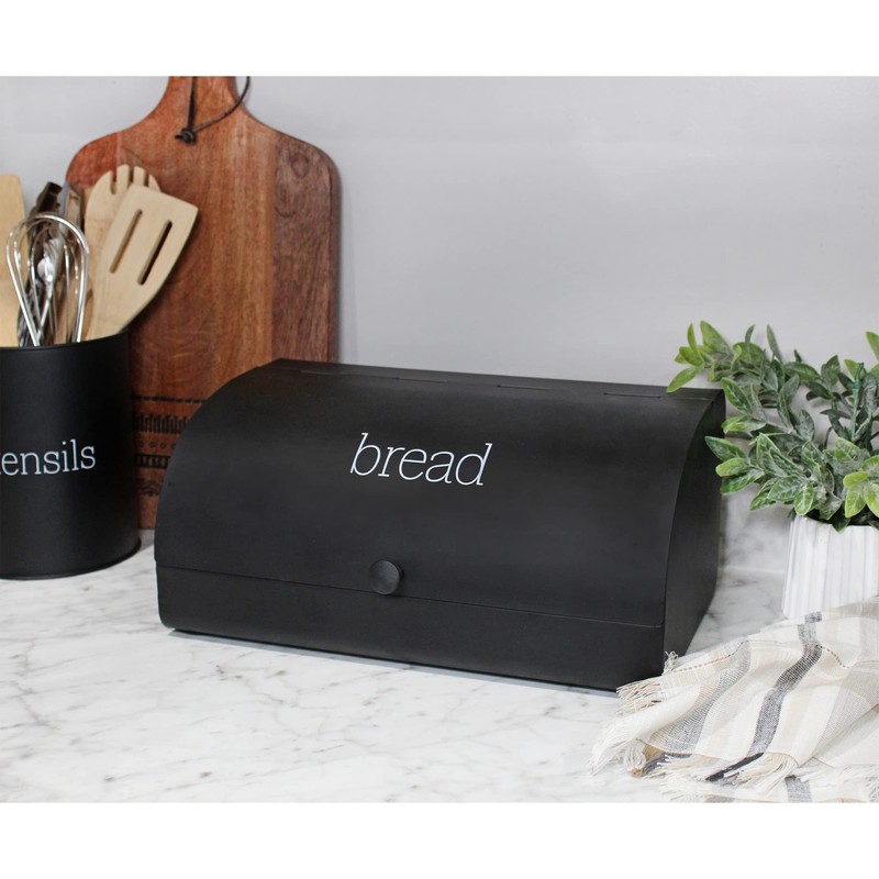 AuldHome Farmhouse Black Bread Box; Retro Vintage Style Enamel Countertop