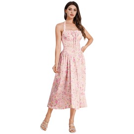 Floral Bustier Corset Dress Midi Long Dress Low Cut Halter Dresses Open Back Summer Dress Backless Corset Sundress Floral Y2K Dress Wedding Guest Dresses Casual Milkmaid Dress Pink Floral M