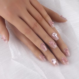 MZCMSL Handmade Nail Tip, Short, Square, Pink, Crystal Stone, 3D, Glitter, 3D, Fashionable, Cute Design, False Nails, Includes Storage Box, Pack of 10, Cat Eye, Magnetic False Claws, S