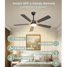 JOFIOS Ceiling Fans with Lights,42 inch Ceiling Fan with Light and Remote,Reversible,3CCT,6-speeds,Dimmable,Noiseless,Black Ceiling Fan for Bedroom, Kitchen,Living Room