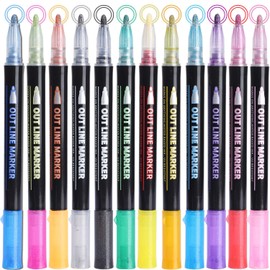12 Colors Doodle Dazzle Markers, Outline Metallic Markers Pens, Double Line Pen, Magic Glitter Drawing Pens for Greeting Cards, Craft, Posters, Painting, DIY Sketching, Child Color Pen