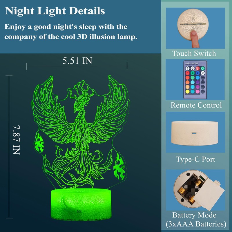 POSSHE Phoenix Night Light, Phoenix 3D Illusion Lamp, Phoenix Stuff