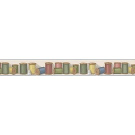 Concord Wallcoverings Wallpaper Border Vintage Pattern Sewing Thread Needles for Cottage Home Office, Beige Blue Red Green, 15 Ft by 5 In BT77700