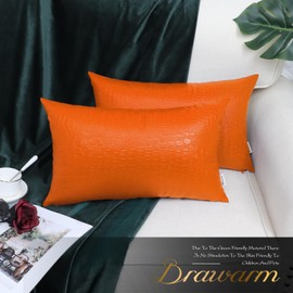 BRAWARM Faux Leather Pillow Covers 12 X 20 Inches, Orange Leather Pillow Covers Pack of 2, Crocodile Leather Decorative Lumbar Throw Pillows for Living Room Couch Bed Sofa Home