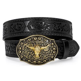 LEACOOLKEY Western Cowboy Leather Belt for Men Longhorn Bull Buckle Belt 1.5" Wide Floral Engraved Embossed Leather Belt
