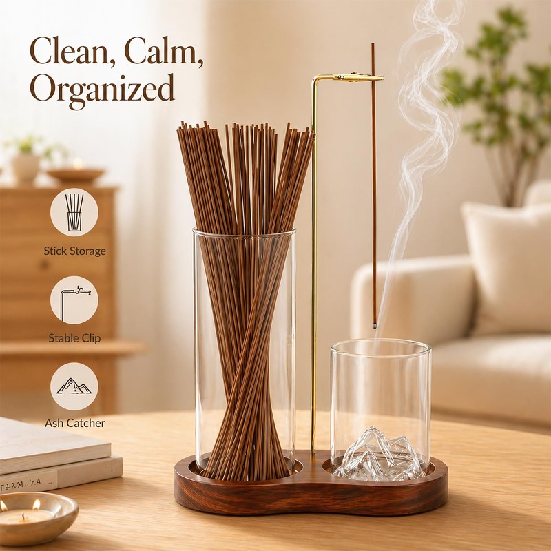 2-in-1 Walnut Wood Glass Incense Holder for Sticks, Anti-Ash Flying