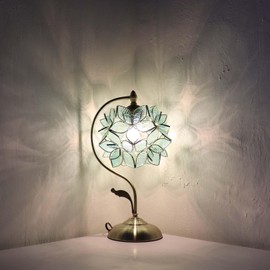 Bieye L10960 Tiffany Style Stained Glass Flower Petal Table Lamp with Brass Base for Home Décor (Light Blue, 8" Rose Lily)