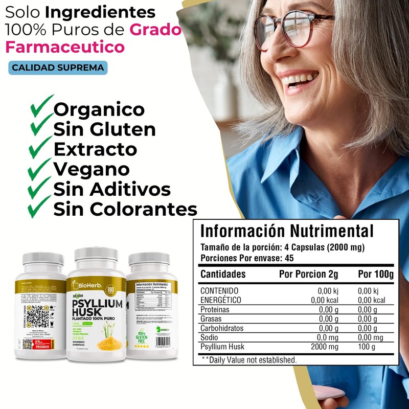 Psyllium Husk 100% Puro - Fibra Altamente Soluble - (180