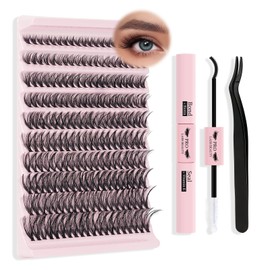 Pro DIY Eyelash Extension Kit, Individual Eyelash Kit with 200 Pieces 40D Cluster Eyelashes, Bond and Sealer, Eyelash Applicator Starter Kit (40D DIY Lash Kit-A)