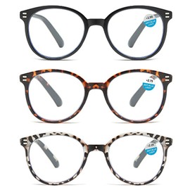 Reading Glasses for Women,3 Pack Retro Classic Round Readers with Spring Hinge Blue Light Blocking Computer Eyeglasses (Black+Lepoard+Brown,+2.0)