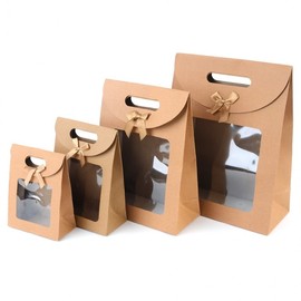 Ribbon transparent window kraft gift bag window packaging gift paper brown Bag 6ea