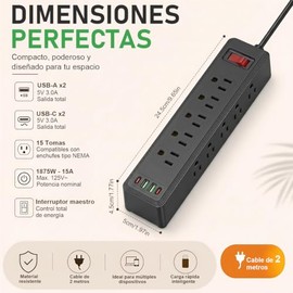 WAGADA 14 en 1 Multicontacto Regleta, 2M Extensión Eléctrica con Interruptor, Conector Multiple para Escritorio con Cable, 10 Salidas CA y 4 Puertos U