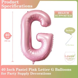 Lovoir Pink Letter G Balloons, 40 Inch Pastel Pink Letter Balloons G Foil Mylar Helium Pink Letter Balloons for Birthday Party Supplies Anniversary Event Celebration Decorations Alphabet Pink G
