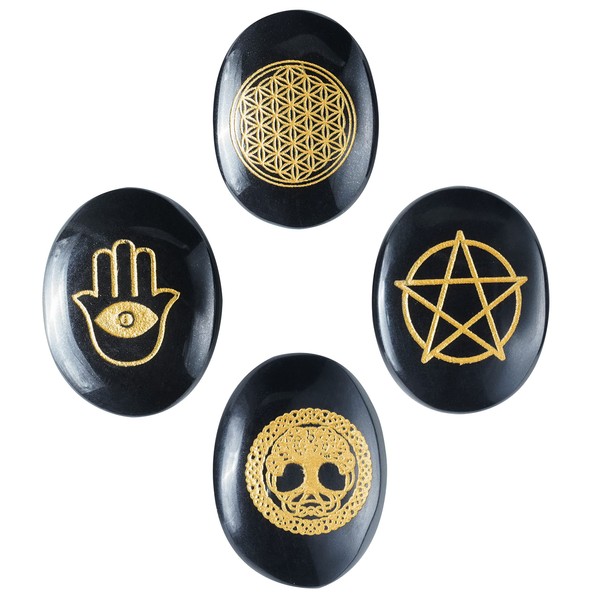 Crocon Black Agate Engraved Stone (Set of 4) Reiki Symbols Polished Palm Stones Sacred Geometry Symbols Set for Good Luck Positive Healing Meditation Gemstone Gift Set