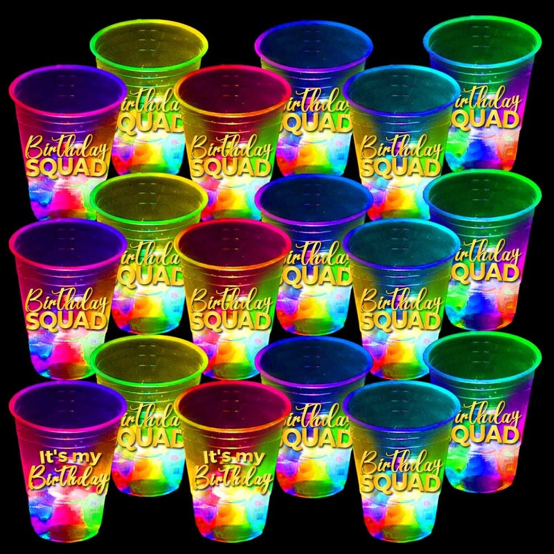 mishunyus 24 Pack Glow Birthday Squad Cups 16oz - Reusable