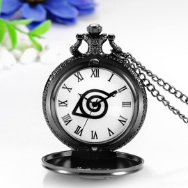 JewelryWe Retro Pocket Watch Vintage Black Analogue Quartz Men Women Watch Pendant with Necklace Chain Watch Pocket Watch Gift, Black-naruto, Vintage