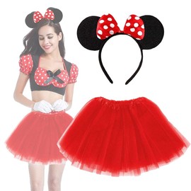 Lizzy Ladies Mouse Tutu Costume Christmas Fancy Dress For Women Hen Party Costume (Red Polka Dot Mouse Ear Headband With Red Tutu)