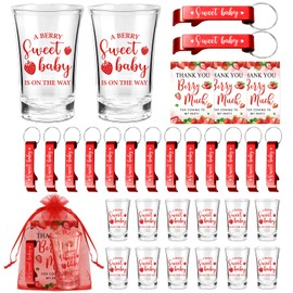 FYSUIMU 50 Sets Strawberry Baby Shower Favors for Guests A Berry Sweet Baby Plastic Shot Glasses with Card Organza Bag Bottle Opener Keychains for Gender Reveal 1st Birthday