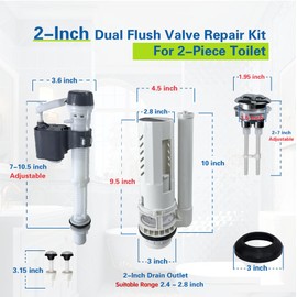 NANABIMIC 2-Inch Dual Flush Valve Replacement Kit for 2-Piece Toilets (11-16.5" Tank Height) | Fits 2.4"-2.8" Drain Holes | Includes Flush Valve with 1.5" Thread Push Button, Fill Valve, Gasket, Bolts